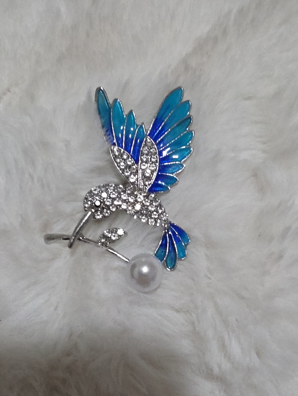 Blue Enamel Hummingbird Brooch with Pearl Accent